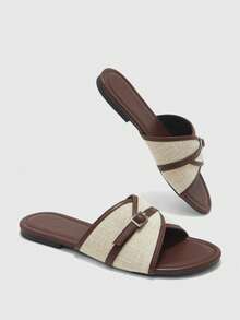 CUCCOO BIZCHIC French Retro Style Linen Splicing Flat Bottom Cool Slippers Metal Buckle Cross Belt Design Soft Bottom Non-Slip Lazy Drag - Brown - View 5