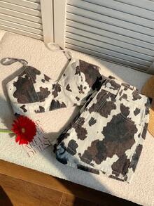 Comfortcana 女款牛奶印性感細肩帶上衣與鈕扣牛仔短褲套裝，附口袋 - 黑色 - 查看 2