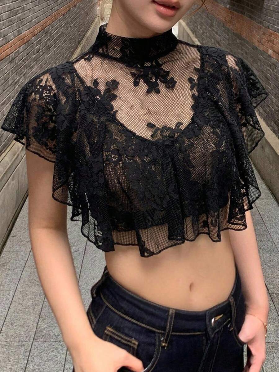 DAZY 女款優雅蕾絲荷葉邊飾夏季襯衫 - 黑色 - 查看 1