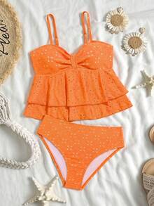 SHEIN Baju Renang 2 Potong Warna Polos dengan Detail Lubang untuk Remaja Perempuan, Cocok untuk Pantai, Resor, dan Musim Panas di Pantai dan Resor. - Jeruk - View 3