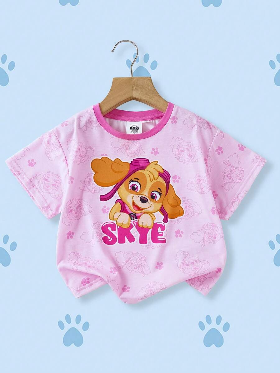 SHEIN | PAW Patrol 少女字母和卡通狗印花短袖T恤 - 粉色 - 查看 1