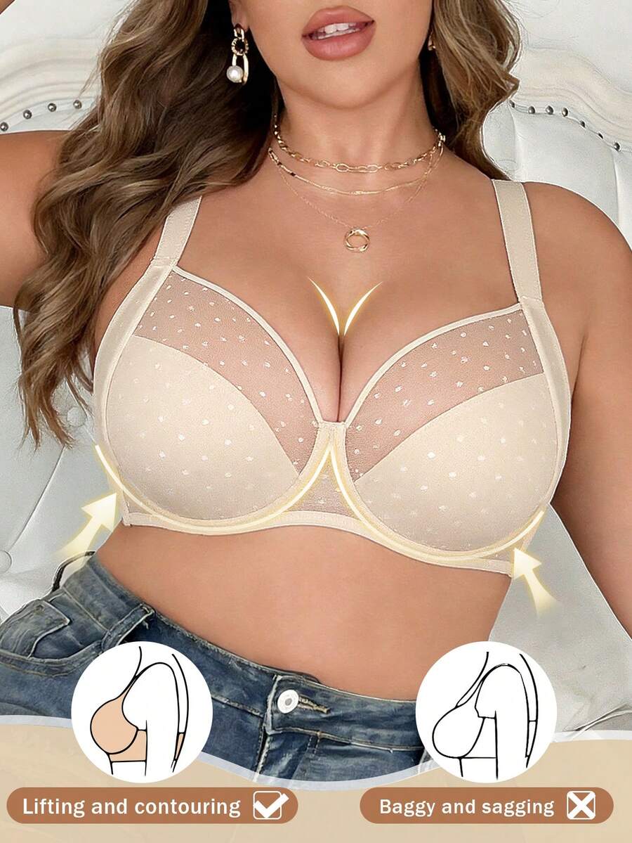 Bra Push Up Kasual Nyaman Berbahan Renda Transparan Warna Beige Ukuran Plus dengan Pola Polos