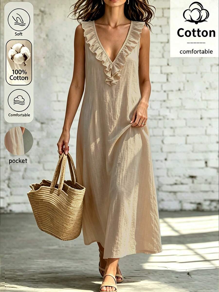 Breezaya Elegant Long Dress With Ruffled Neckline, Stylish Casual Outfit For Everyday Looks - Khaki - View 1