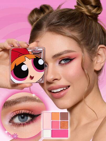 THE POWERPUFF GIRLS X SHEIN 1 قطعة لوحة ظلال عيون 7 ألوان، لوحة بألوان وردية، صبغة عالية جداً، إنشاء مظهر مكياج بأسلوب الزهور