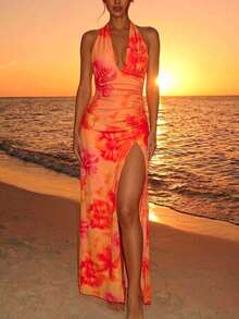 SHEIN X Garcia Sisters Glamine Red Orange Floral Print Halter Ruched Maxi Dress,Women's Deep V Backless High Slit Bodycon Party Beach Vacation Dress Summer Sexy Tropical - Multicolor - View 1