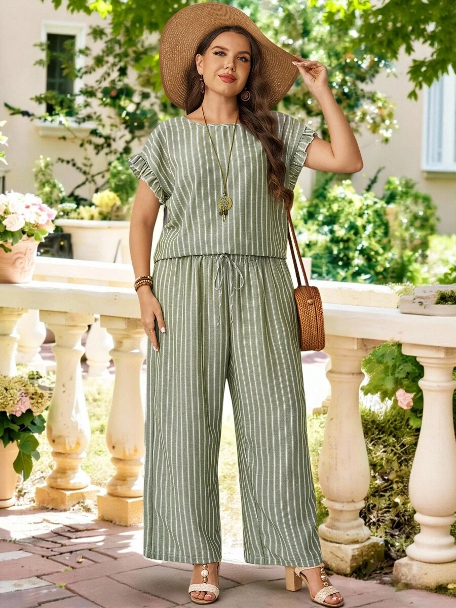 EMERY ROSE Conjunto de 2 piezas talla grande: Blusa de manga con hombros y puños con volantes, espalda con gota de agua, cuello redondo y pantalones de cintura elástica con cordón, negro, bohemio casual para primavera/verano - Multicolor - Ver 1