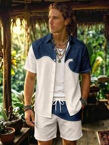 Alderstead Men's Two Piece Set,  Print Textured Fabric, Button Down Shirt And Shorts, Contrast Design, For Vacation, Beach, Daily Wear - Multicolor - View 4