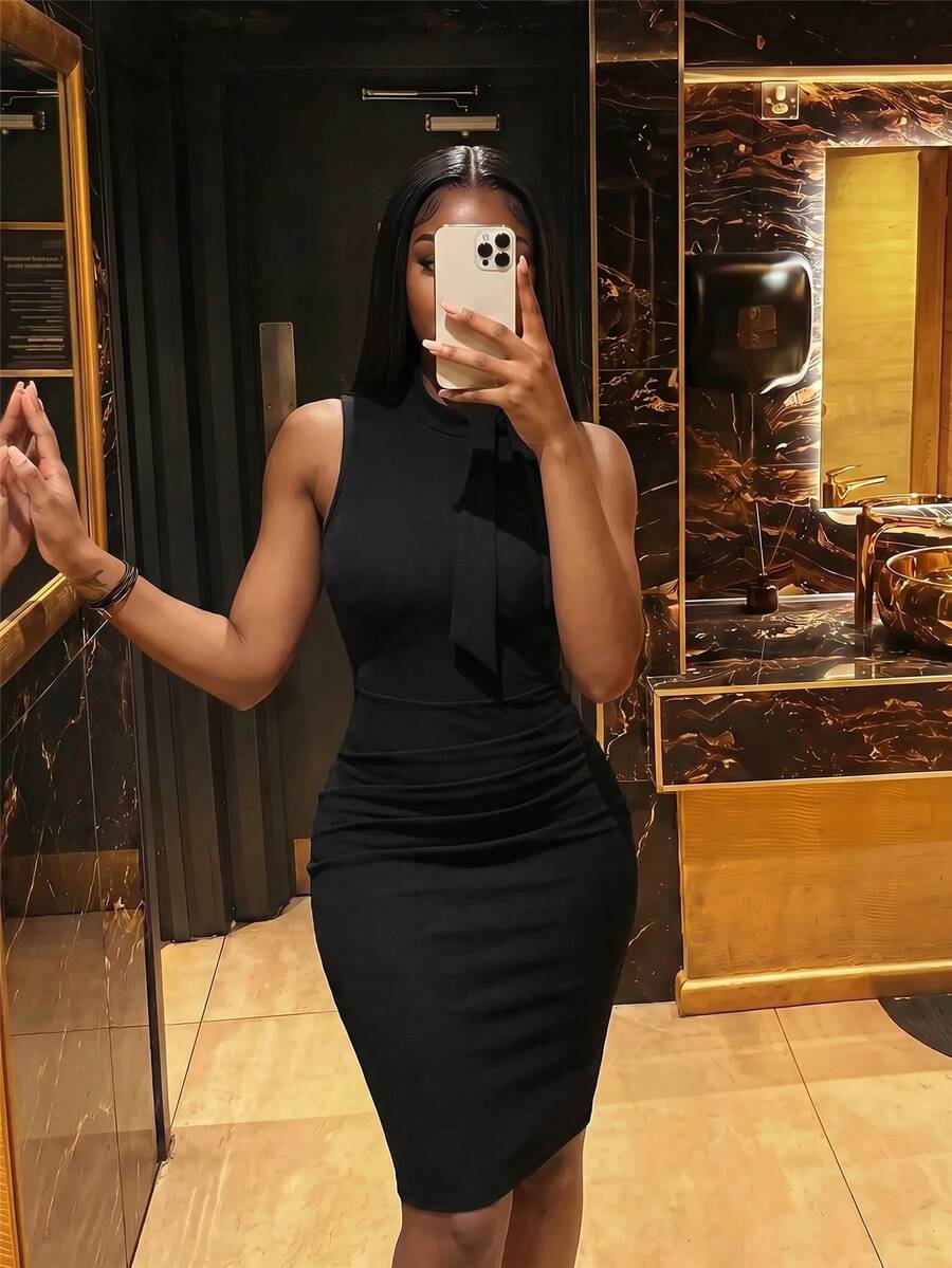 BamGleam Women's Solid Color Sleeveless Simple Fitted Short Elegant Dress - Black - View 1