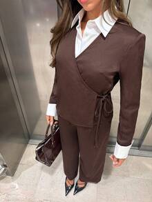 Siren Gaze Chic Two-Piece Suit Set For Women Featuring A Belted V-Neck Jacket And Straight-Leg Wide-Leg Trousers-Versatile For Office, Casual Teachers' Day - Brown - View 9
