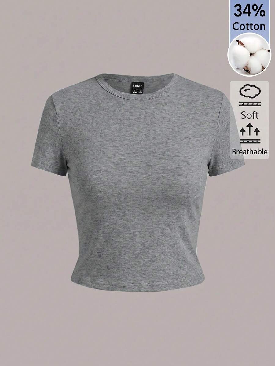 SHEIN BASICS 女款純色休閒圓領短袖短版T恤上衣 白色上衣 - 灰色 - 查看 1