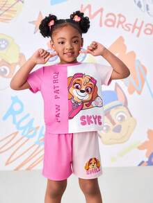 SHEIN | PAW Patrol Young Girls Colorblock Round Neck Short Sleeve Cute Print Casual Summer T-Shirt Set - Pink - View 4