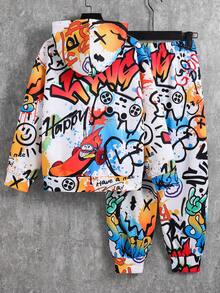 SHEIN 2件組兒童青少年男孩休閒簡約卡通趣味抽象塗鴉圖案寬鬆簡單針織軟綿連帽衛衣長袖運動衫與運動褲套裝，適合通勤、上學、日常休閒、度假、旅行、運動，秋冬適用 - 藍色 - 查看 3