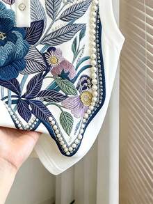 Franclia 女款花卉刺繡圖案仿珍珠裝飾休閒百搭日常外出上衣 - 彩色 - 查看 4