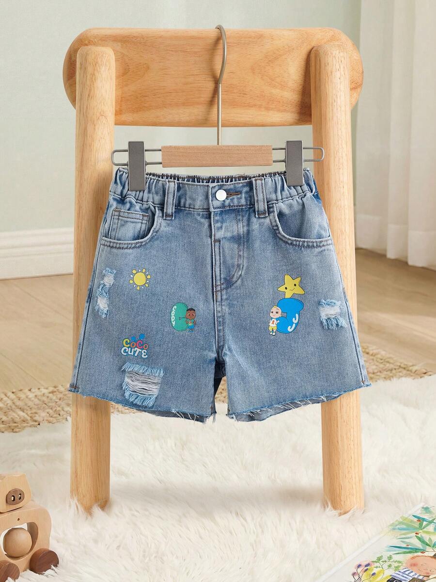 CoComelon X SHEIN Young Boy's Casual Cartoon Print Distressed Denim Shorts, Summer - Blue - View 1