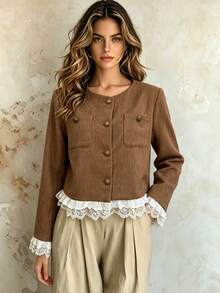 Franclia Chaqueta corta de mujer con parches de encaje, nuevo estilo de otoño - Café integral - Ver 1