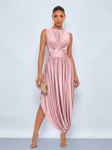 SOLERSUN Summer Women's High-End Waist-Cinching High-Waisted Design Apricot Bodycon Slim Long Dress - Pink - View 9