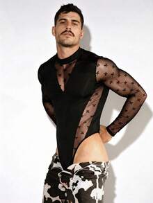 DSELFIQUE Men's Fashion Sexy Jacquard Sheer Long Sleeve Jumpsuit - Black - View 3