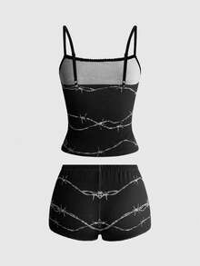 ROMWE Dark Gothic Punk Thorn Print Fitted Cami Top & Ultra Low Waist Mini Shorts 2 Pieces Set - Black - View 2