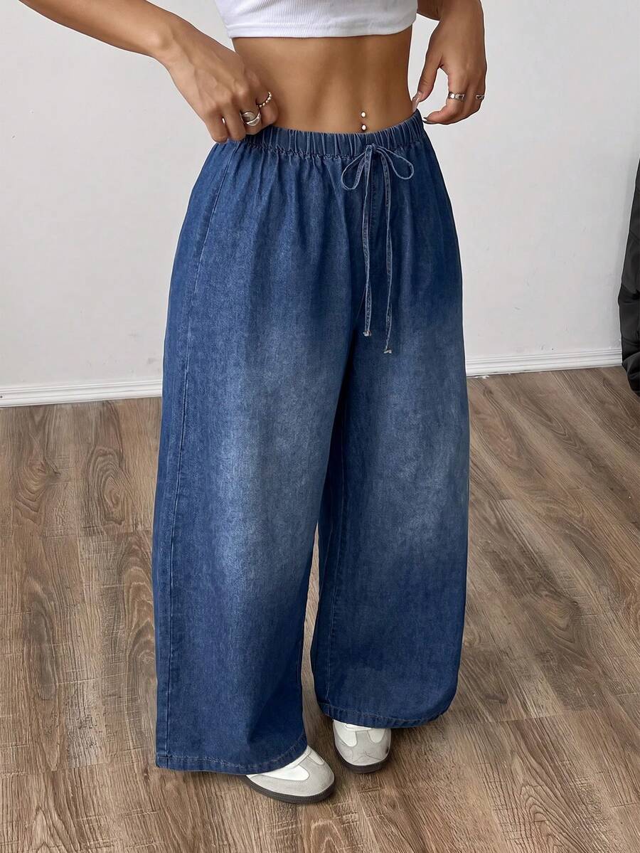 SHEIN PETITE CURVE Plus Size Casual Washed Wide Leg Jeans - Blue - View 1