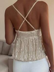 Livesso Camiseta de tirantes sin mangas con cuello en V, color plateado sólido, ajustada, elástica y acanalada para mujer - Plateado - Ver 2
