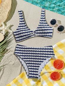 SHEIN Teen Girl Striped Metal Buckle Tank Top And Triangle Bikini Bottom Swimsuit Set For Vacation Beach - Navy Blue - View 2