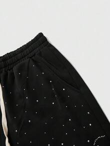 ROMWE MEN Street Life Spring Casual Graphic Streetwear Style Rhinestone English Text Straight Leg Sweatpants - Black - View 5