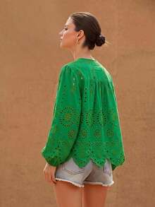 Frievida Women's Round Neck Embroidered Positioned Edge Long Sleeve Blouse Vacation Green Summer Boho Elegant - Olive Green - View 2