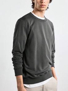 Merionis Men's High Cotton Content Casual Basic Versatile Solid Color Pullover Sweatshirt Back-To-School Evening City Break Dark Grey Autumn - Dark Grey - View 7