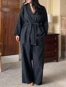 Dazy Plus 3-Piece Plaid Robe, Camisole And Long Pants Pajama Set, Spring Summer Autumn - Navy Blue - View 5