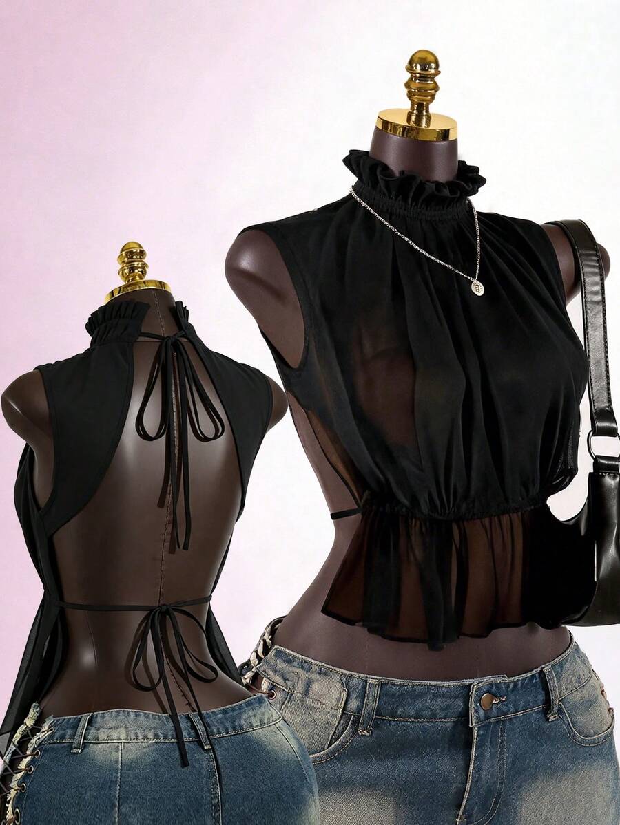 SaltGleam SaltGleam Women's Sexy Backless Tie-Up Chiffon Top - Black - View 1