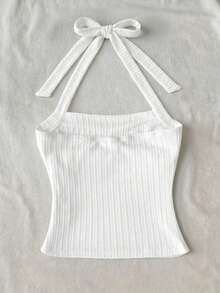 SHEIN Tween Girl Vacation Knit Mustard Yellow Textured Jacquard Halter Cinched Waist Fitted Fashionable Camisole, Suitable For Spring/Summer Seasons - White - View 2