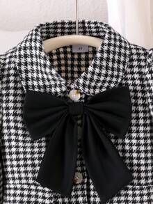 Souflis Souflis 2件組女童西裝外套寬腿褲套裝，優雅甜美黑白千鳥格大蝴蝶結花瓣袖翻領，適合學校派對、7歲生日、秋季穿著 - 黑色 - 查看 9