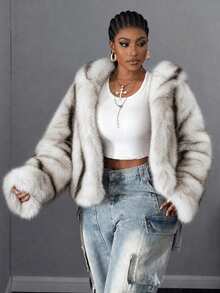 Maweii Women's Plus Size Cute Playful Elegant Fuzzy Long Sleeve Hooded Vertical Striped Design Short Jacket Party Birthday Christmas New Year Outing Home Faux Fur Coat - White - View 6