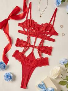 Elorette 女款蕾絲拼接性感內衣連身衣 - 紅色 - 查看 2