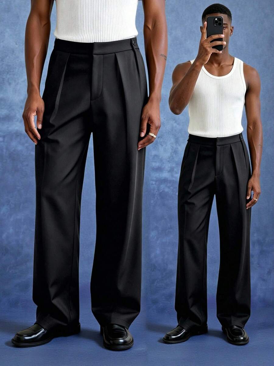 Manfinity Roghcode Men's Black Double Pleated Wide Leg Dress Pants, Loose Straight Leg Casual Trousers, Versatile High-End Long Pants For Commuting, Work, Dating, And Streetwear - Black - View 1