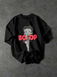 Betty Boop x SHEIN SHEIN EZwear 休閒極簡卡通圖案圓領短袖寬鬆女款T恤，適合夏季 - 黑色 - 查看 5