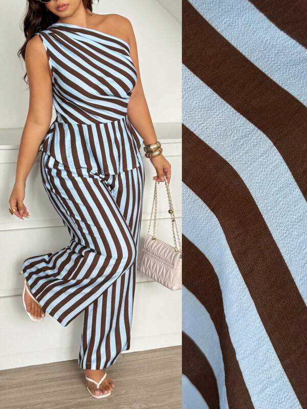 Vionelle Plus Size Women's Summer Viscose Linen Striped Elegant Wedding Guest Sleeveless Asymmetric Neck Top Wide Leg Long Pants 2 Pieces Set Navy Blue