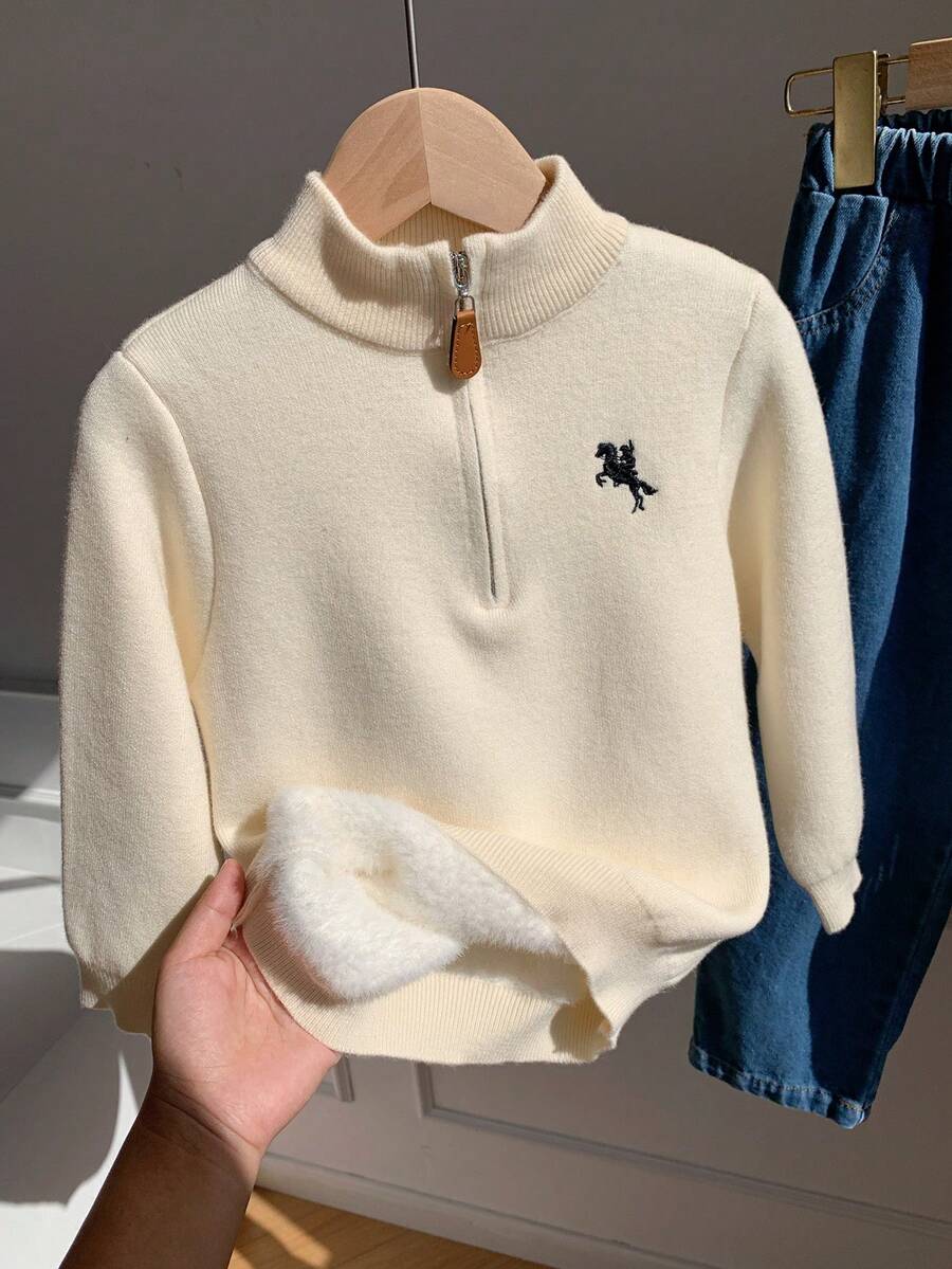 SHEIN Boys' Loose Fit Long Kids Sleeve Pullover Cardigan Autumn Sweater With Turn-Down Collar, Collegiate Style - Apricot - View 1