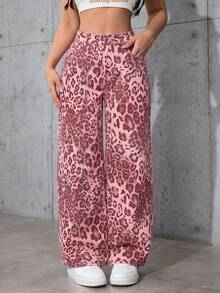 SHEIN PETITE 女款豹紋印花口袋寬腿寬鬆休閒牛仔褲 - 粉色 - 查看 8