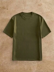 Manfinity VCAY 男士純色圓領短袖T恤與抽繩腰短褲2件套 - 軍綠色 - 查看 9