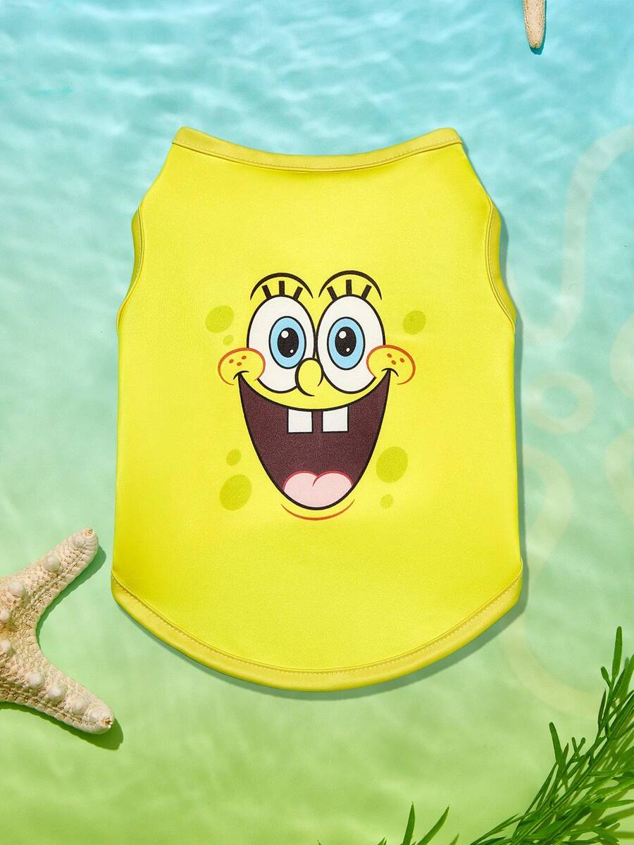 SpongeBob SquarePants | PETSIN 1件可愛粗眉大白眼印花牙齒黃色寵物背心,柔軟透氣親膚,適合舒適的室內時光或與愛犬一起活潑的戶外散步 - 黃色 - 查看 1