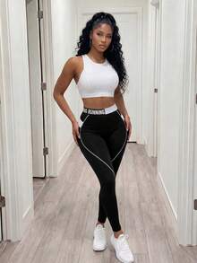 SHEIN BamGlam Letter Tape Waist Sports Set Workout Women Set Women Leggings Set - Black and White - View 6
