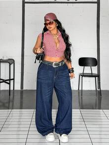 Jeanoix Plus Size Dark Blue Denim Jeans, Premium Texture, Non-Stretch Straight Leg Long Pants - Dark Wash - View 5