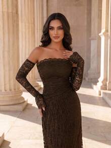 Coutiva Elegant Lady Banquet Dinner Evening Cocktail High-End Lace Off-Shoulder Dress Evening Gown Wedding Olive Green Winter - Coffee Brown - View 4