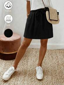 SHEIN Holidaya 女款純色抽繩腰休閒百搭日常穿著迷你裙 - 黑色 - 查看 1