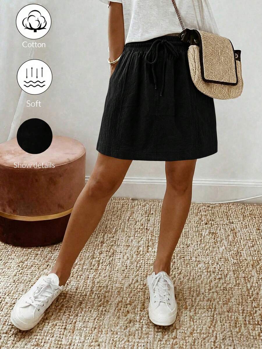 SHEIN Holidaya 女款純色抽繩腰休閒百搭日常穿著迷你裙 - 黑色 - 查看 1