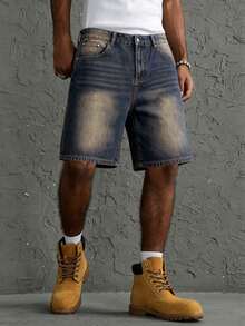 EGENSIO Men's Fashion Versatile Button Pocket Denim Wide Leg Shorts - Blue - View 4
