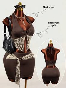 Mistrie Summer Sexy Animal Print Patchwork Backless Halter Top And Skirt Set - Brown - View 1
