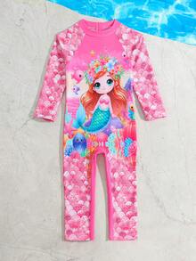 SHEIN Baby Girls One-Piece Swimsuit Mermaid Print Long Sleeve Long Pants Rash Guard Zipper Bathing Suit,Cute Cartoon Fish Scale Princess Swimwear Holiday - Pink - View 5