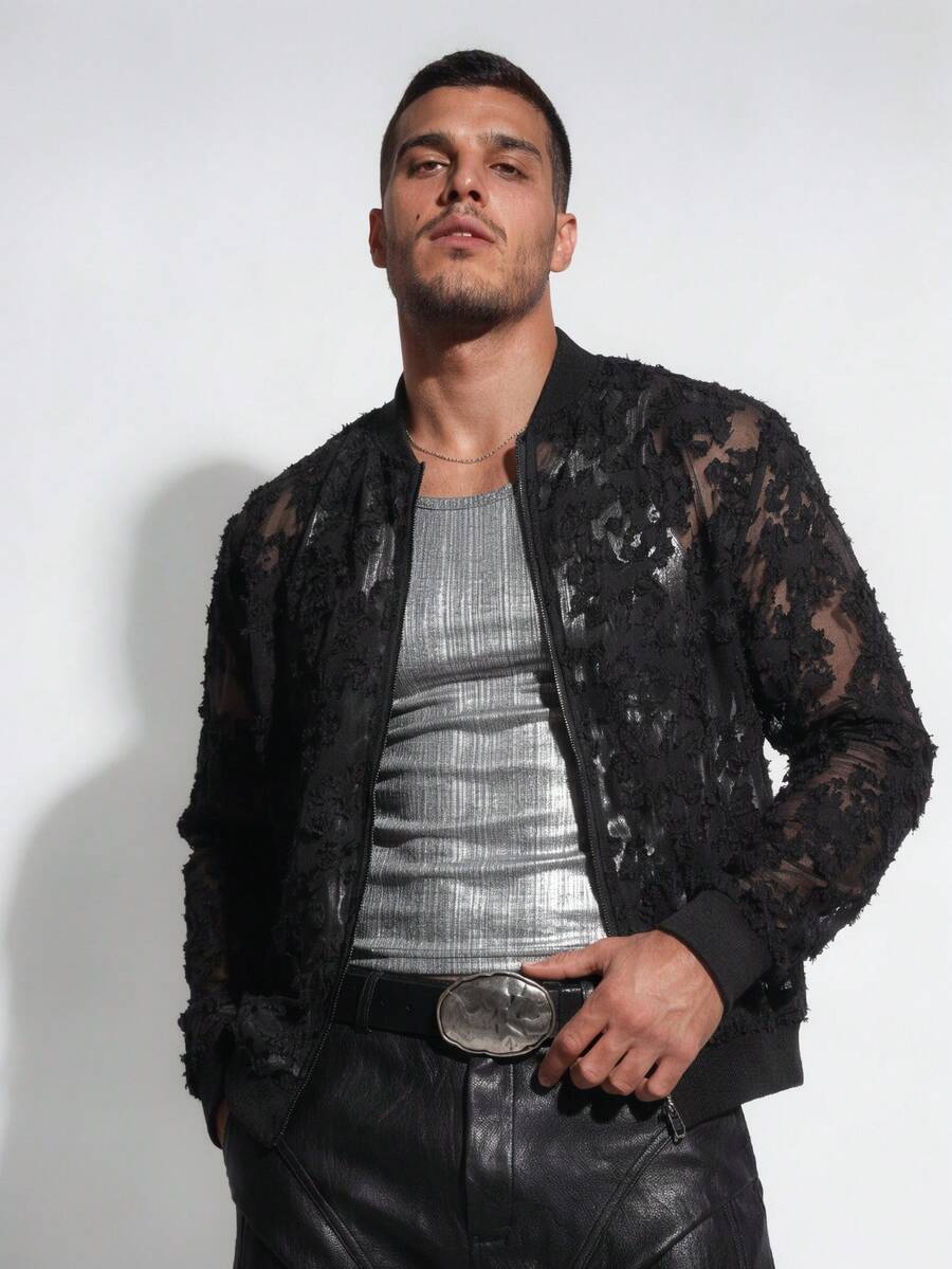 DSELFIQUE Men's Fashion Versatile Embroidered Zipper Long Sleeve Jacket - Black - View 1